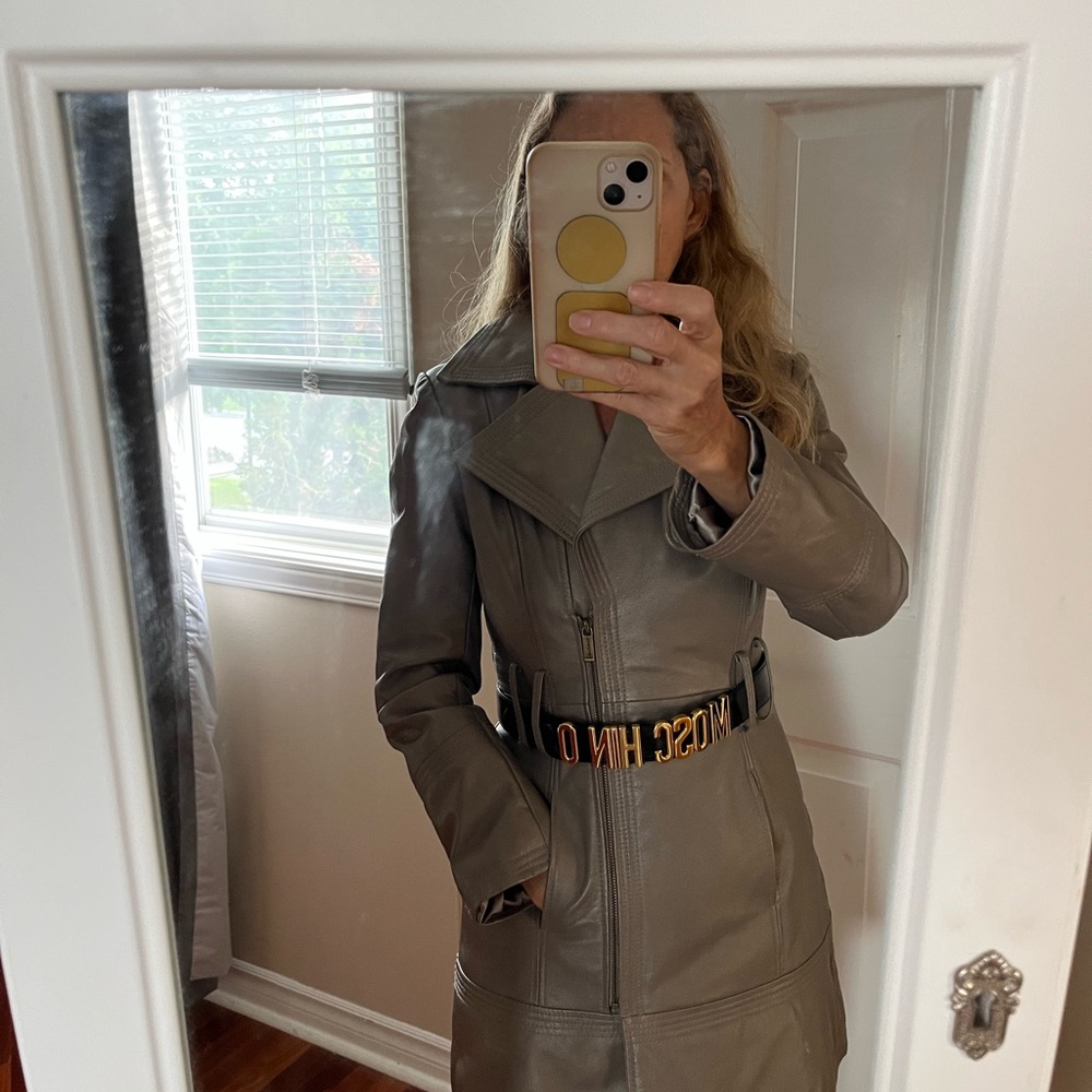 bebe Gray Leather Jacket with Bold Belt